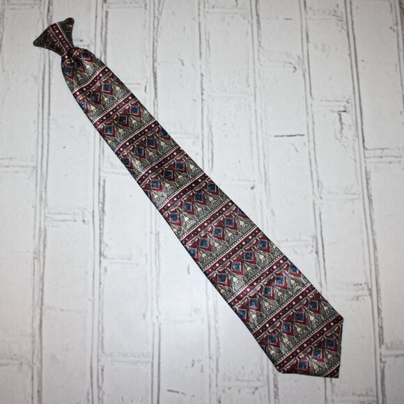 🔴🔵🤍 Vintage Red, Blue, Cream & Gray Clip-On Tie by Corner Stone (20" x 3.75") - Picture 1 of 6